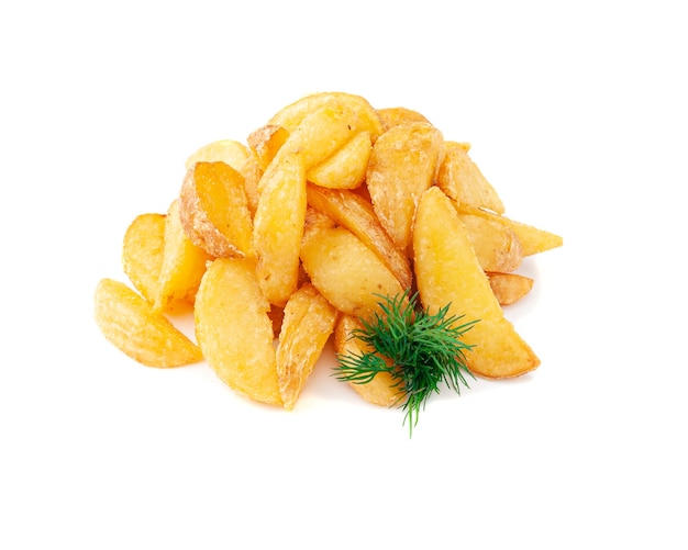 Baked potato wedges with spices and dill. Close-up. White background. Isolated.