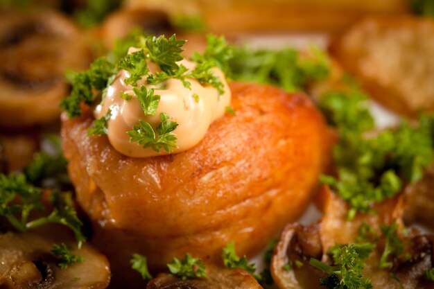 Baked potato with mushrooms and chicken breast