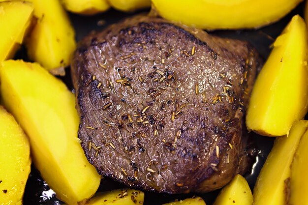 Baked potato with a piece of beef.