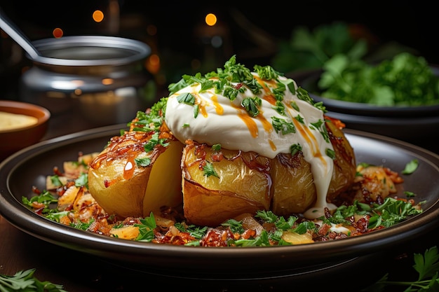 Baked potato with sour cream and chives generative IA