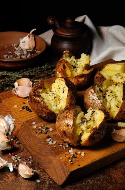 Baked potato with spices and herbs