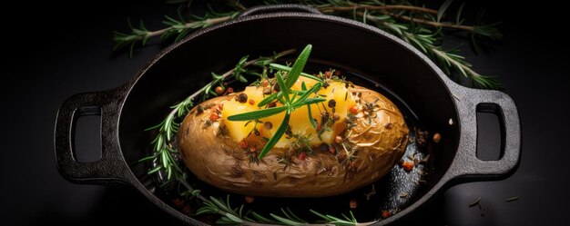 Baked potato with thyme in a pan Generative ai