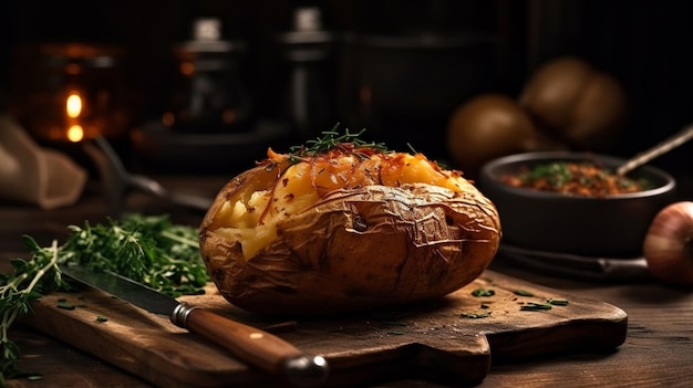 A baked potato on a wooden cutting board with a knife and fork.