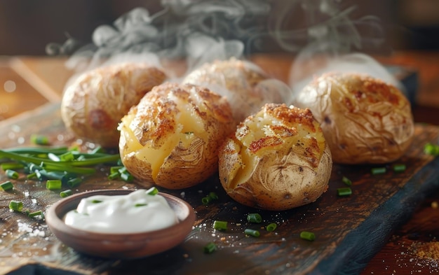 Baked potatoes cooling on a wooden board accompanied by sour cream and sprinkled with fresh chives