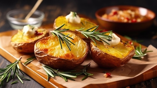 Baked potatoes on a cutting board with a bowl of sauce on the side.