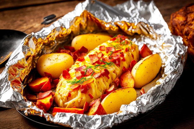 Baked potatoes in foil with bacon cheese and dill