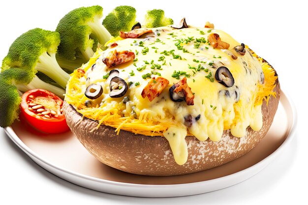 Baked potatoes in foil with cheese olives bacon and fresh tomatoes and broccoli