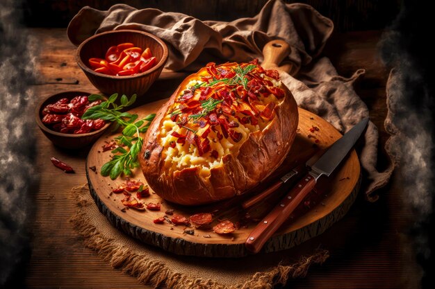 Baked potatoes in foil on wooden tray with crispy bacon and dried tomatoes