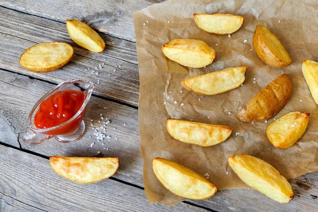 Foto patate al forno e ketchup sul tavolo di legno