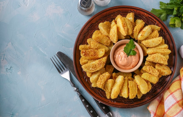 Baked potatoes on a round plate with sauce