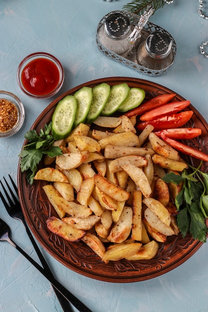 Baked potatoes served with tomatoes, cucumbers and parsley on a plate, Top view, Vertical orientation