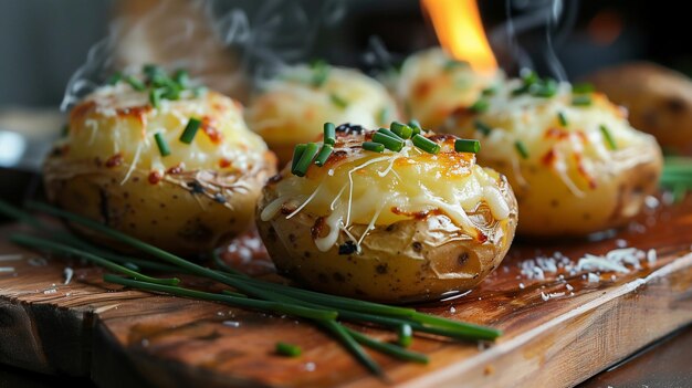 Baked potatoes with cheese and chives on wooden board closeup