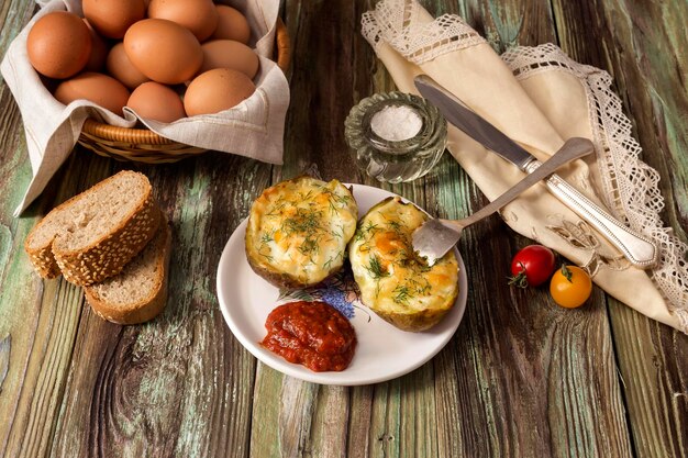 Baked potatoes with eggs and cheese