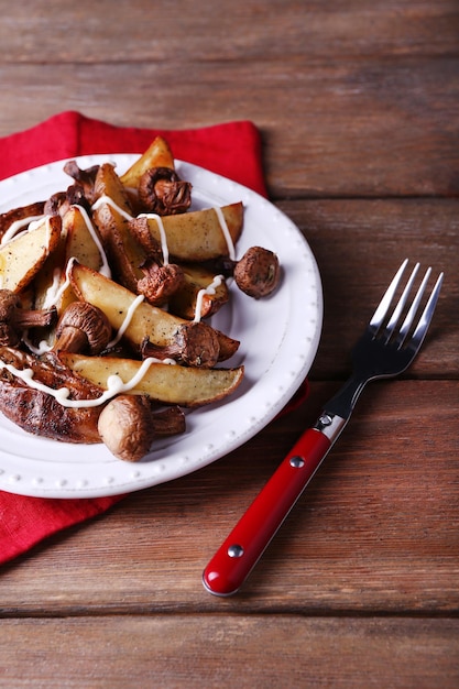 Baked potatoes with mushrooms and sauce on plate on wooden table