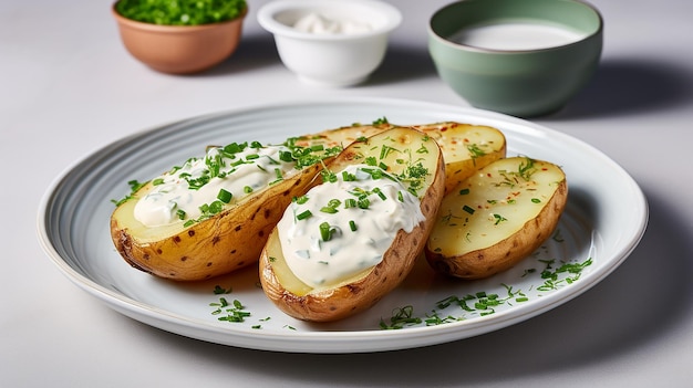 皿に盛られたベイクドポテトとヨーグルトディップ