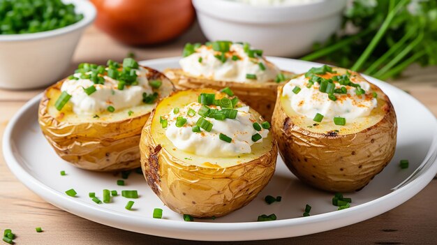 Baked Potatoes with Yoghurt Dip on a Plate