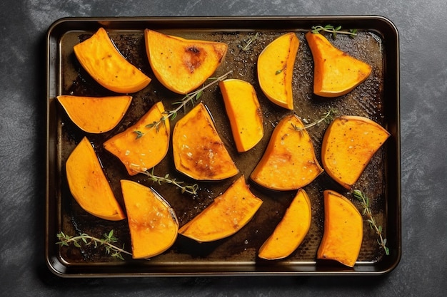 Baked pumpkin pieces on a baking sheet