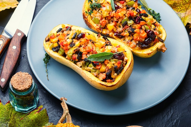 Baked pumpkin stuffed with rice and vegetables.