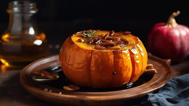 Baked pumpkin with honey Traditional Turkish dessert vegetarian and street food Generative Ai