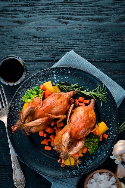 Baked quail On a black background Top view Free space for your text