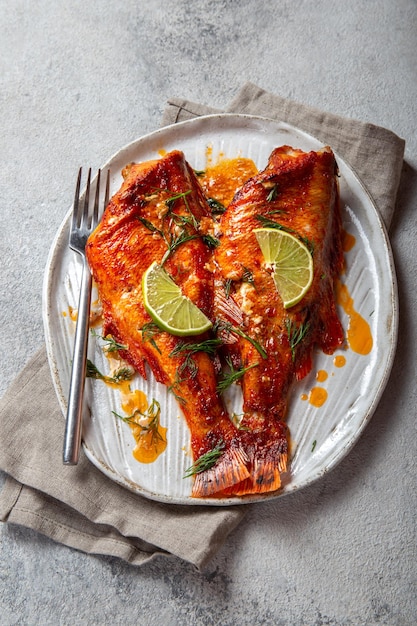 Baked red sea bass on kraft white plate concrete background