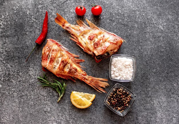 baked red sea bass on a stone background