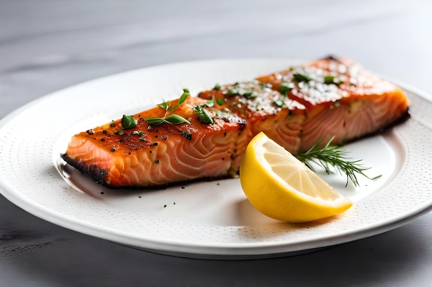 Baked salmon fillet seasoned with fresh dill and garnished with two slices of lemon