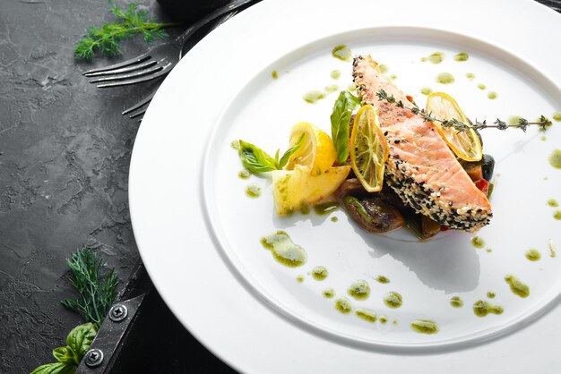 Baked salmon fillet with sesame and vegetables Dishes food Top view Free space for your text