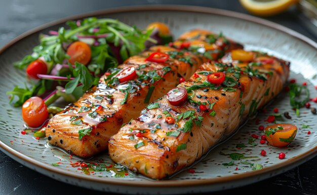 Baked salmon fillet with spice lemon and tomatoes on plate