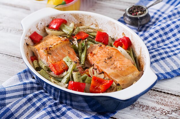 Baked salmon fillet with vegetables and herbs.