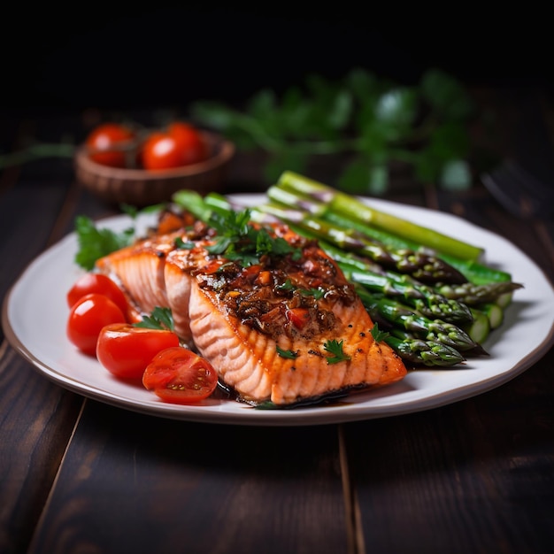 Baked salmon garnish with asparagus and tomatoes