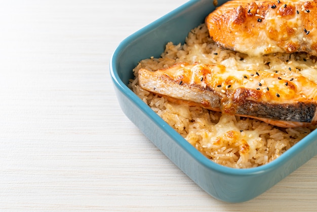 baked salmon with cheese and spicy miso rice bowl