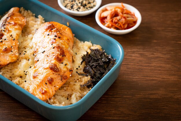 baked salmon with cheese and spicy miso rice bowl