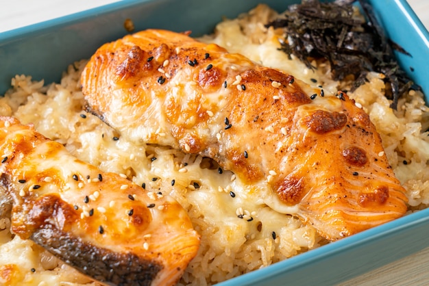 baked salmon with cheese and spicy miso rice bowl