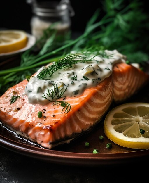 Premium AI Image | Baked Salmon with Lemon Dill Sauce
