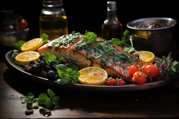 Baked salmon with lemon sauce and herbs generative IA