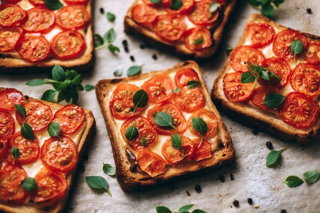 Baked sandwich with cheese and cherry tomatoes on dark bread.