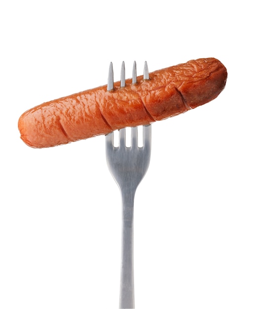 Baked sausage on a fork isolated