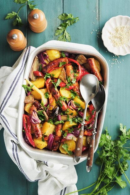 Photo baked sausage and vegetables peppers zucchini tomatoes red onion and eggplant with sesame and cilantro served hot from oven on baking tray traditional lunch dish bbq sausage jersey tray bake