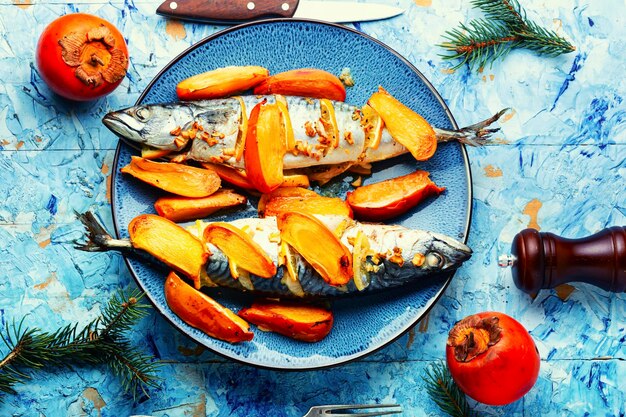 Baked scomber fish with persimmon