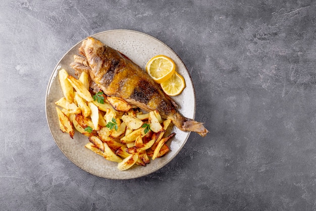 Baked sea bass or lingcod fish with potatoes on a plate and gray background