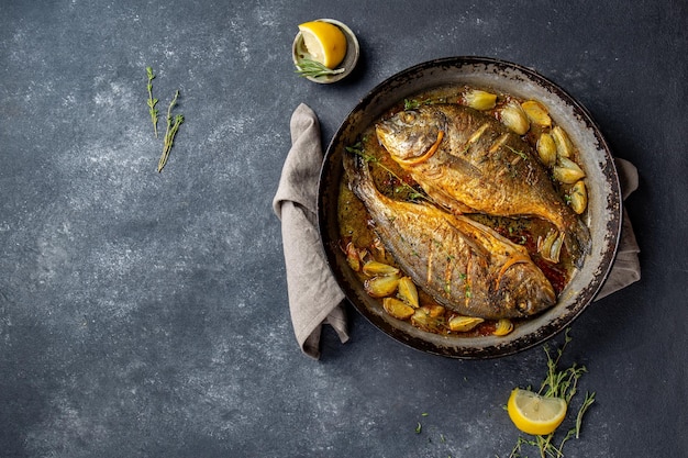 Photo baked sea bream or dorada with onion and herbs in pan on dark background