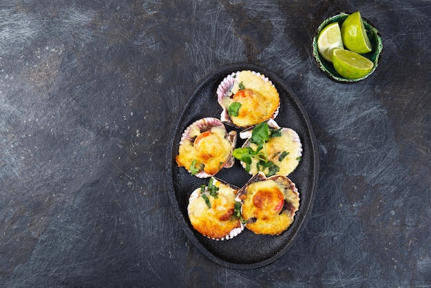 Baked seafood shellfish scallops with cheese and lemon black background