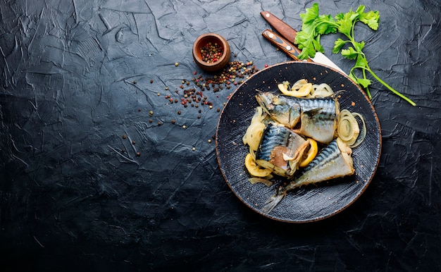 Baked or steamed fish mackerel,copy space