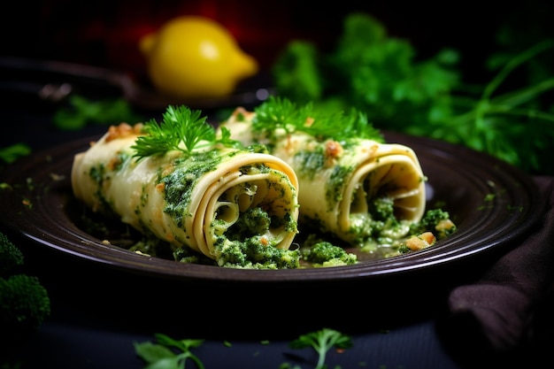 Photo baked stuffed vegetarian pasta cannelloni with broccoli