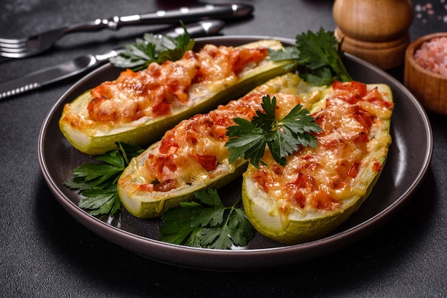 Barchette di zucchine ripiene al forno con funghi di pollo tritati e verdure con formaggio