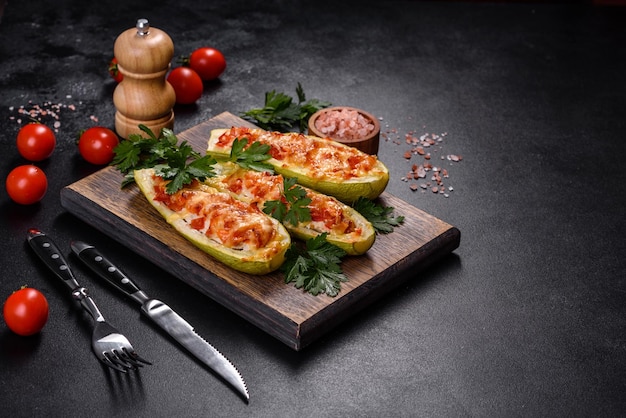 Baked stuffed zucchini boats with minced chicken mushrooms and vegetables with cheese