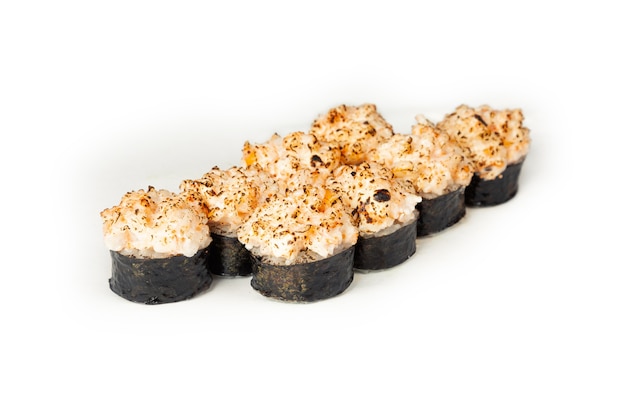 Baked sushi roll with shrimp isolated