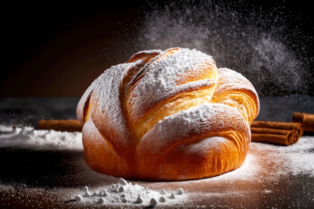 Baked sweet brioche in powdered sugar and cinnamon