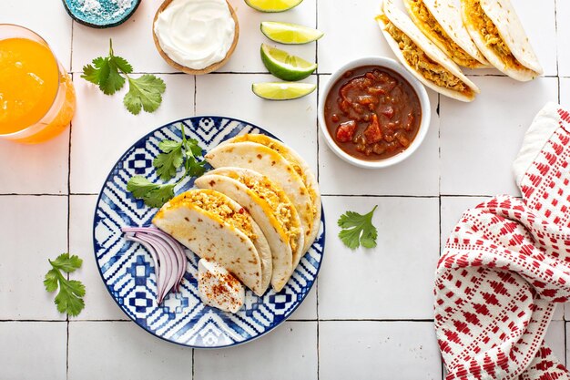 Baked tacos with pulled chicken and shredded beef